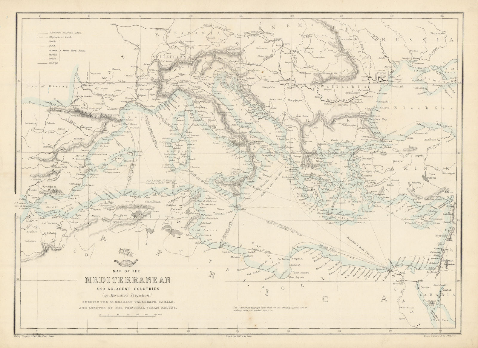 MEDITERRANEAN SEA. Submarine telegraph cables. steamship routes. LOWRY 1863 map
